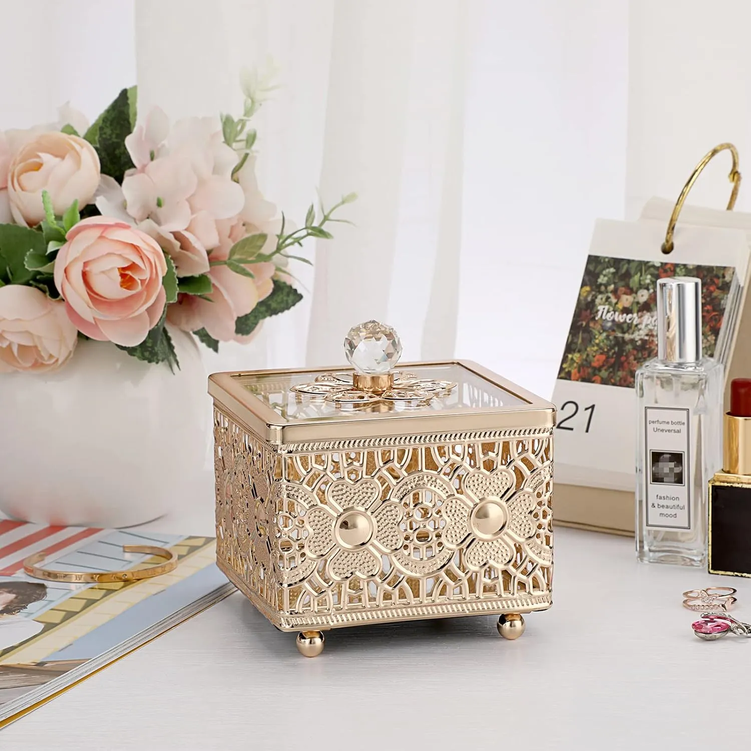 Hipiwe Hollow-carved Metal Jewelry Box with Glass Lid, Gold Mirrored Trinket Organizer Square Treasure Box for Ring Earrings Necklace, Christmas Birthday Gift for Women Girls