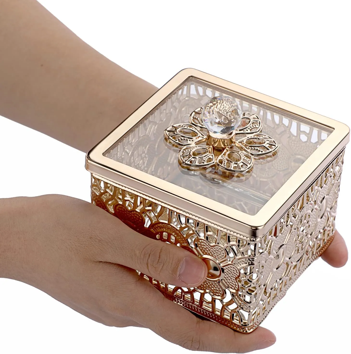 Hipiwe Hollow-carved Metal Jewelry Box with Glass Lid, Gold Mirrored Trinket Organizer Square Treasure Box for Ring Earrings Necklace, Christmas Birthday Gift for Women Girls