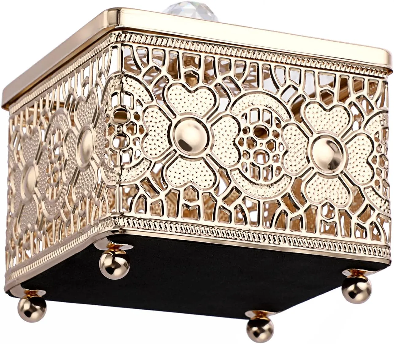 Hipiwe Hollow-carved Metal Jewelry Box with Glass Lid, Gold Mirrored Trinket Organizer Square Treasure Box for Ring Earrings Necklace, Christmas Birthday Gift for Women Girls