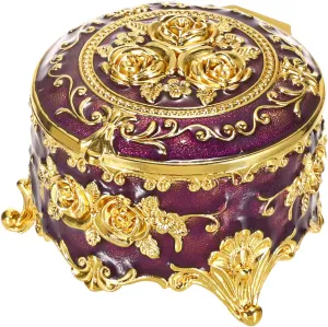Hipiwe Vintage Jewelry Box Small Trinket Storage Organizer Box Gold Metal Chest Ring Case Treasure Chest Round Keepsake Boxes for Earrings Necklace Gift for Women,Purple