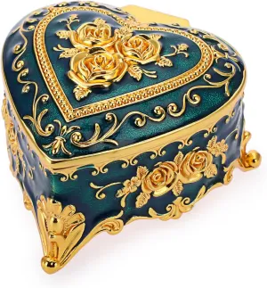 Hipiwe Vintage Metal Jewelry Box - Heart Shape Trinket Box Ring Case with Rose Pattern Jewelry Storage Box for Ring Earrings Necklace, Keepsake Box for Women Girls, Blue