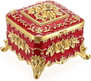 Hipiwe Vintage Metal Jewelry Box - Small Trinket Organizer Ring Box Case with Rose Pattern Jewelry Storage Box for Ring Earrings Necklace, Keepsake Box for Women Girls,Red