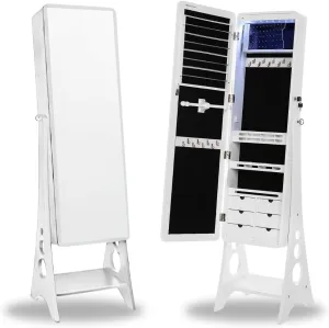 Hives and Honey Aria LED Lit, Lockable, Velvet Interior, Ample Storage, Beveled Full-Length, Space-Saving Design Standing Jewelry Armoire Mirror, White