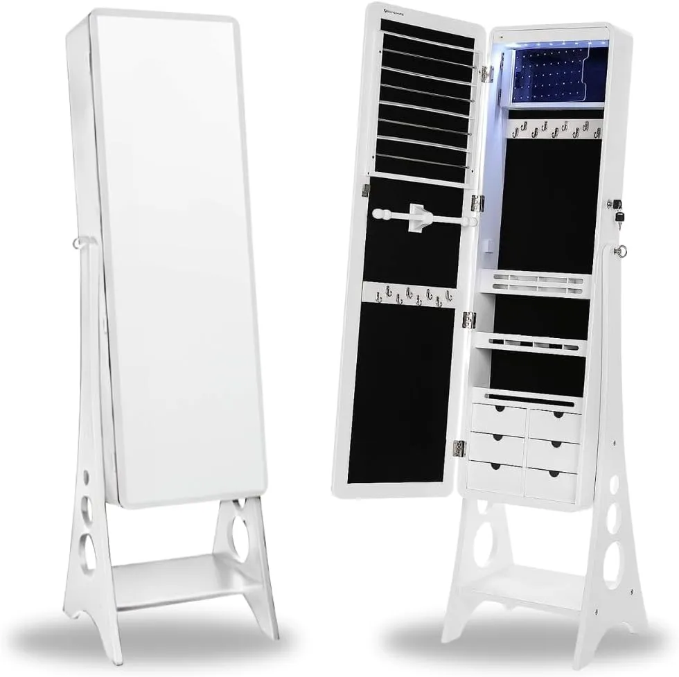 Hives and Honey Aria LED Lit, Lockable, Velvet Interior, Ample Storage, Beveled Full-Length, Space-Saving Design Standing Jewelry Armoire Mirror, White
