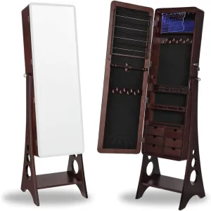 Hives and Honey Aria Standing Jewelry Armoire Mirror  LED Lit, Velvet Interior, Lockable, Ample Storage, Beveled Full-Length Mirror, Space-Saving Design, Walnut