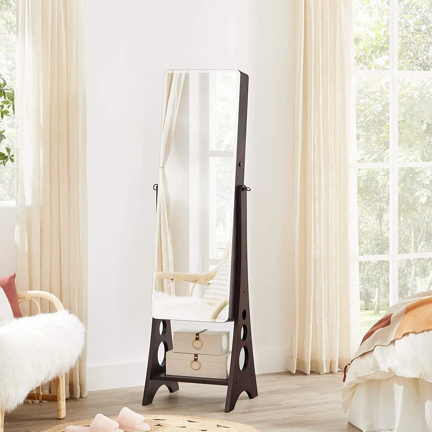 Hives and Honey Aria Standing Jewelry Armoire Mirror  LED Lit, Velvet Interior, Lockable, Ample Storage, Beveled Full-Length Mirror, Space-Saving Design, Walnut