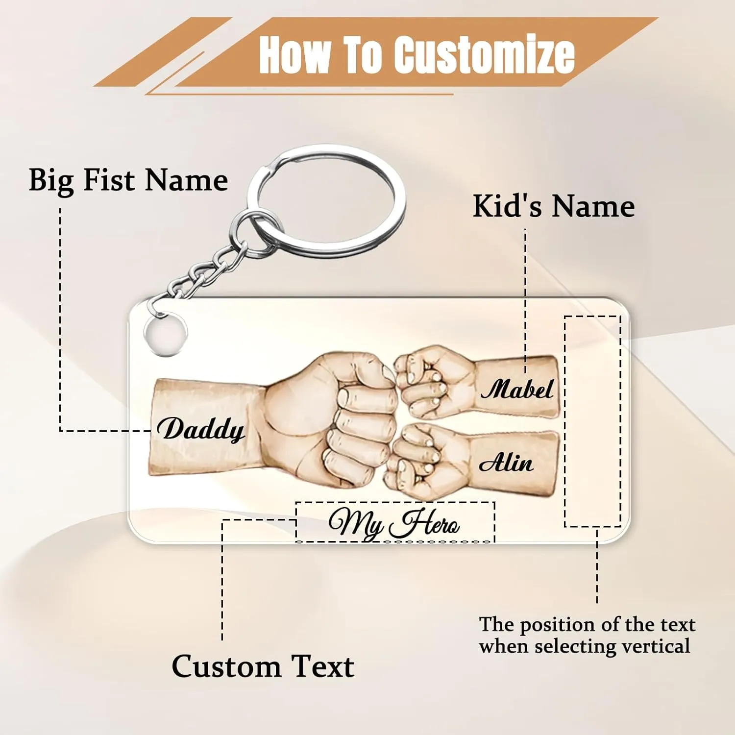 HJX Personalized Father's Day Keychain, Daddy's Team Fist Bump Custom Acrylic Keychain with Names, Idea Gift for Dad Husband
