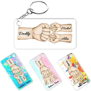 HJX Personalized Father's Day Keychain, Daddy's Team Fist Bump Custom Acrylic Keychain with Names, Idea Gift for Dad Husband