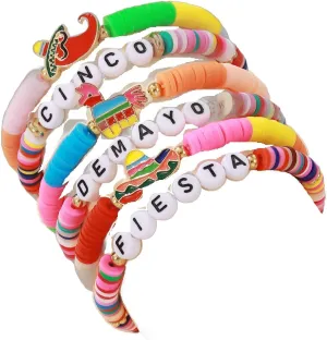 Holiday Heishi Surfer Bracelet Set for Women Men Rainbow Happy Easter Cinco De Mayo Polymer Clay Beaded Stretch Bracelet Stackable Mexican Fiesta Rabbit Bunny Charm Bracelet Y2k Jewelry