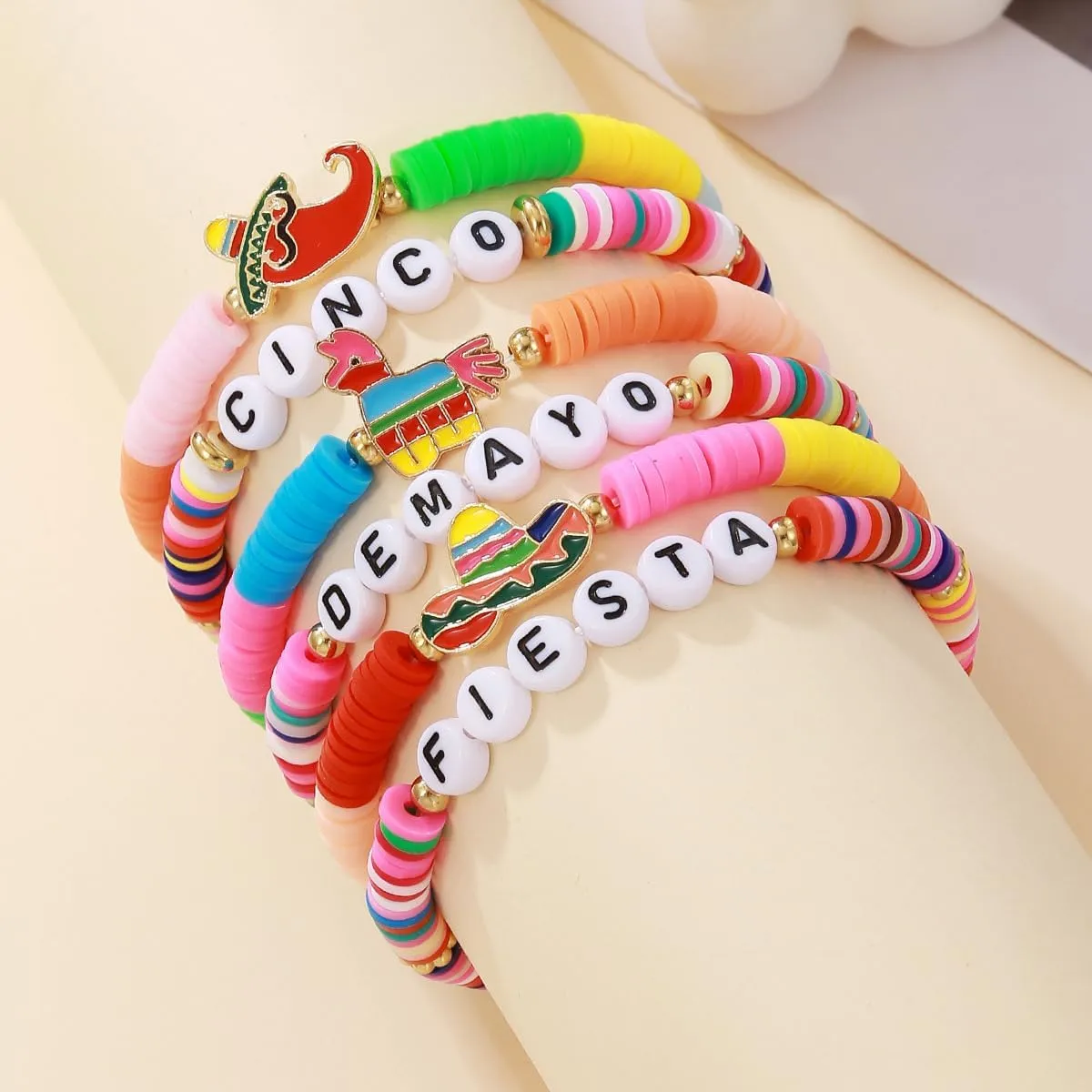 Holiday Heishi Surfer Bracelet Set for Women Men Rainbow Happy Easter Cinco De Mayo Polymer Clay Beaded Stretch Bracelet Stackable Mexican Fiesta Rabbit Bunny Charm Bracelet Y2k Jewelry