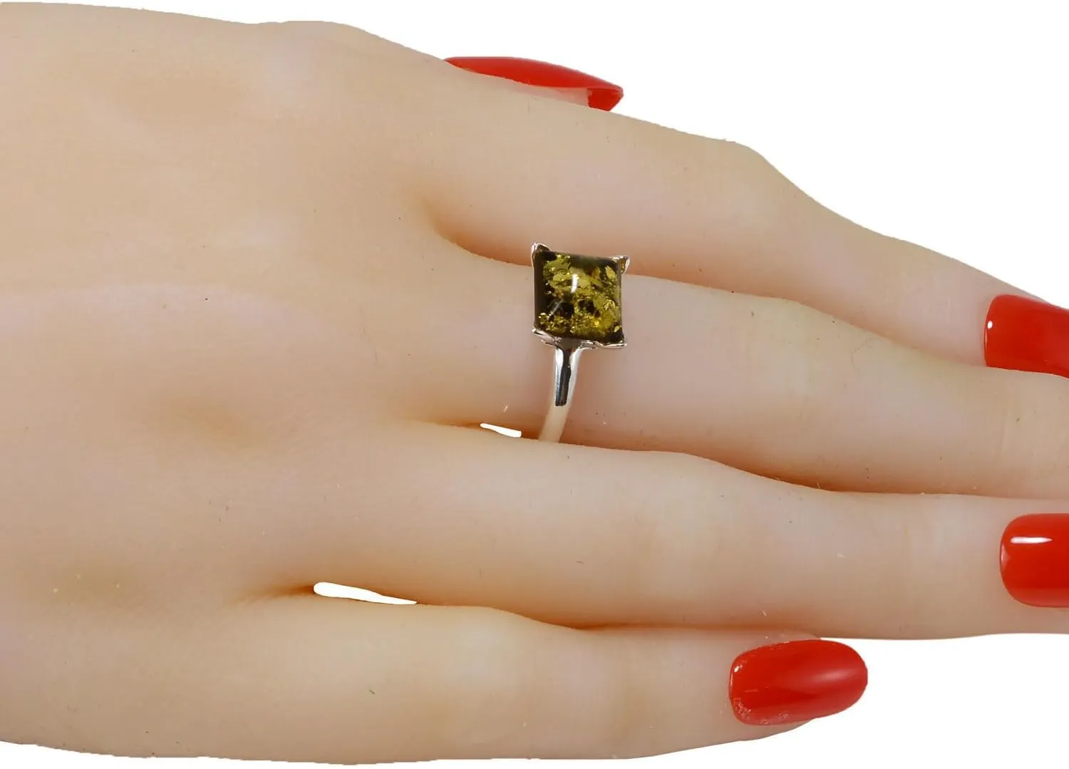 HolidayGiftShops GIA Certified Sterling Silver and Baltic Olive Green Amber Square Ring Nelda