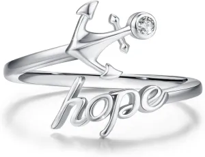 Hope ring,Sterling Silver Anchor Rings Hope Jewelry Gift for women Nautical Anchor Rings Ocean Jewelry Hope Faith Love Jewelry Cubic Zircon Open Ring Adjustable(#8)
