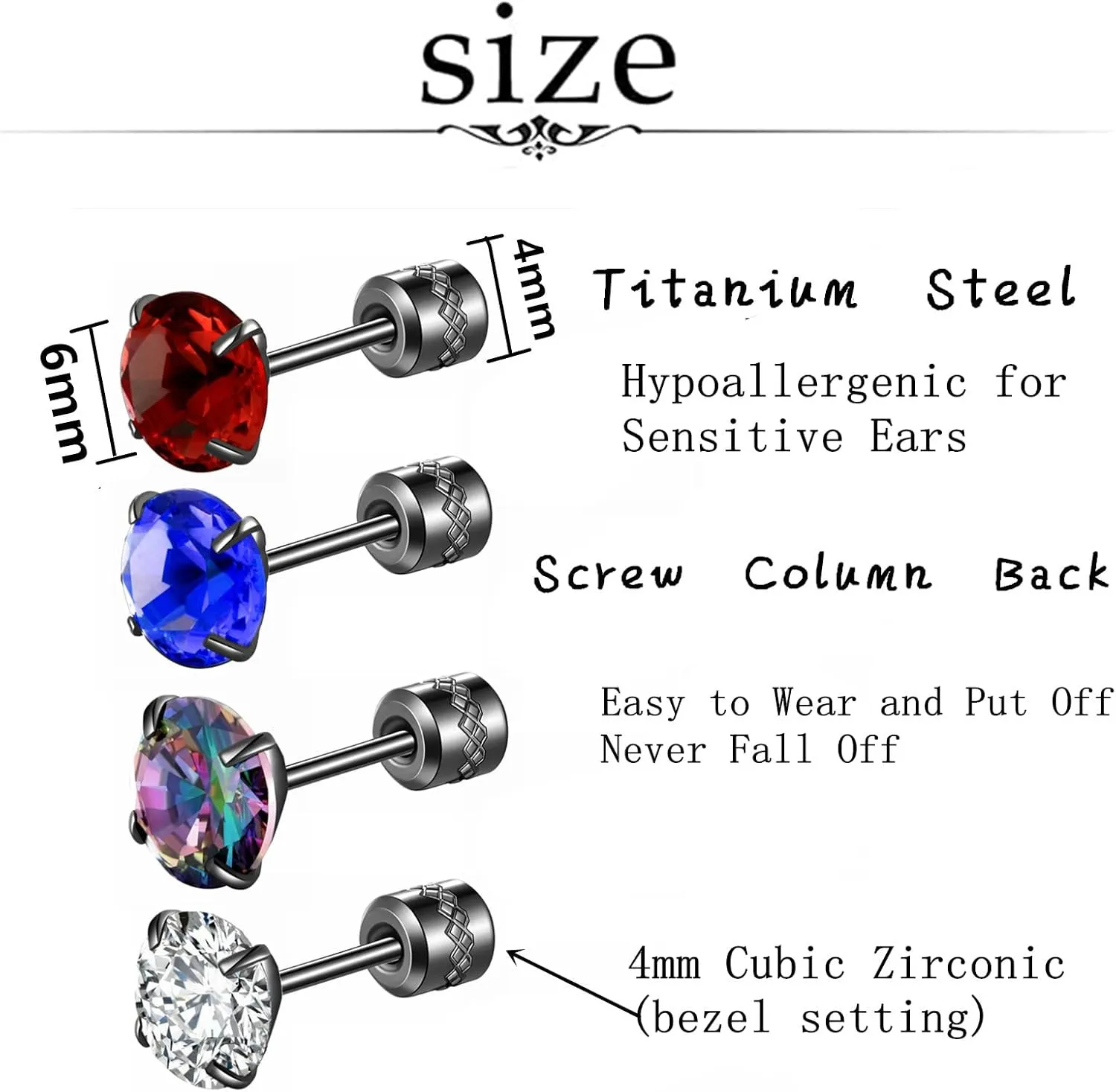 Hopply 4 Pairs Titanium Screw Back Surgical Stainless Steel Earrings for Women Men,Rainbow 5A Cubic Zirconia Studs Double Side Earrings Piercing Sleeper Jewelry 6mm
