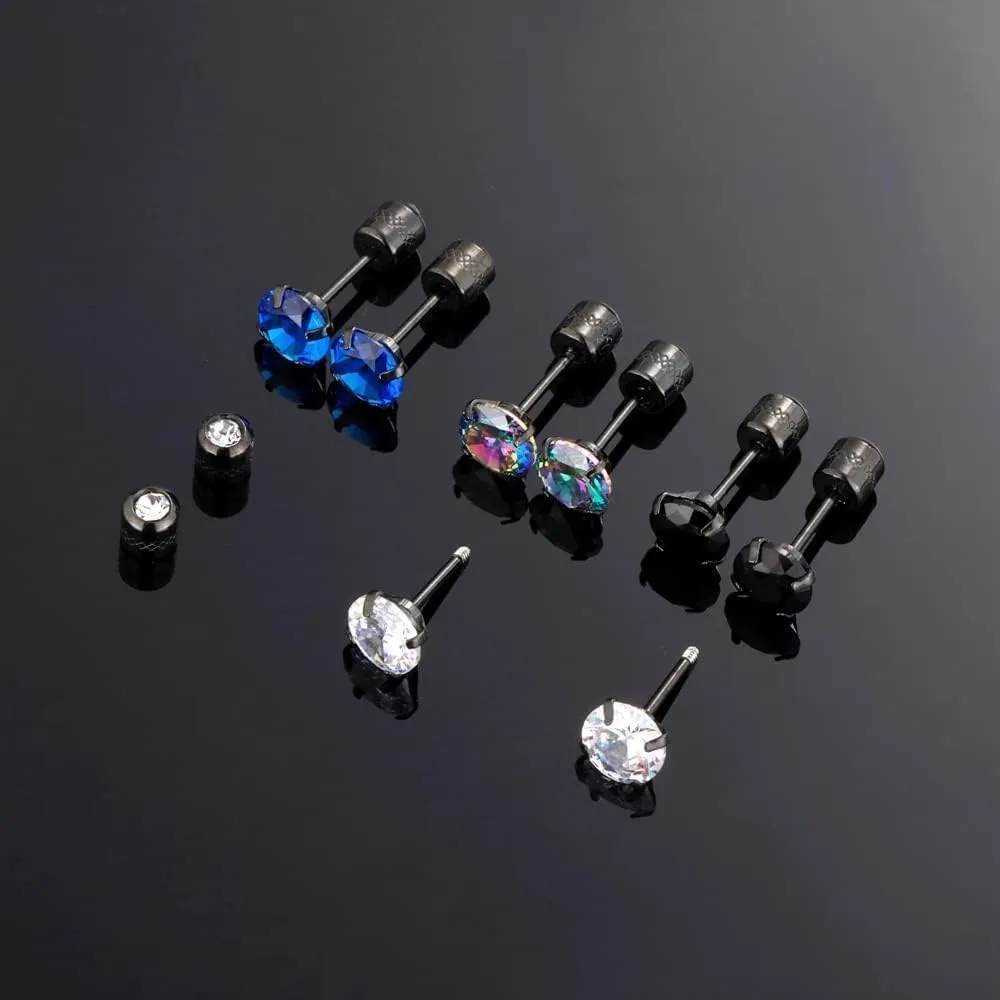 Hopply 4 Pairs Titanium Screw Back Surgical Stainless Steel Earrings for Women Men,Rainbow 5A Cubic Zirconia Studs Double Side Earrings Piercing Sleeper Jewelry 6mm
