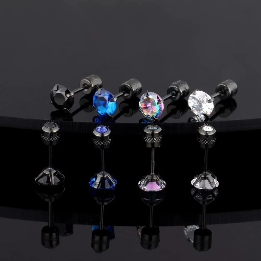 Hopply 4 Pairs Titanium Screw Back Surgical Stainless Steel Earrings for Women Men,Rainbow 5A Cubic Zirconia Studs Double Side Earrings Piercing Sleeper Jewelry 6mm