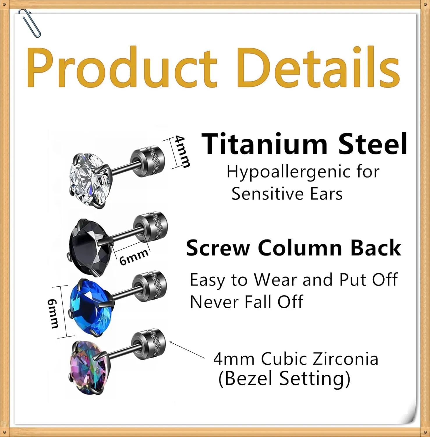 Hopply 4 Pairs Titanium Screw Back Surgical Stainless Steel Earrings for Women Men,Rainbow 5A Cubic Zirconia Studs Double Side Earrings Piercing Sleeper Jewelry 6mm