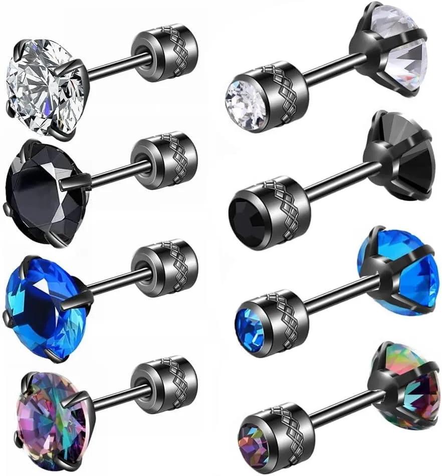 Hopply 4 Pairs Titanium Screw Back Surgical Stainless Steel Earrings for Women Men,Rainbow 5A Cubic Zirconia Studs Double Side Earrings Piercing Sleeper Jewelry 6mm
