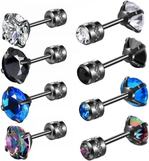 Hopply 4 Pairs Titanium Screw Back Surgical Stainless Steel Earrings for Women Men,Rainbow 5A Cubic Zirconia Studs Double Side Earrings Piercing Sleeper Jewelry 6mm