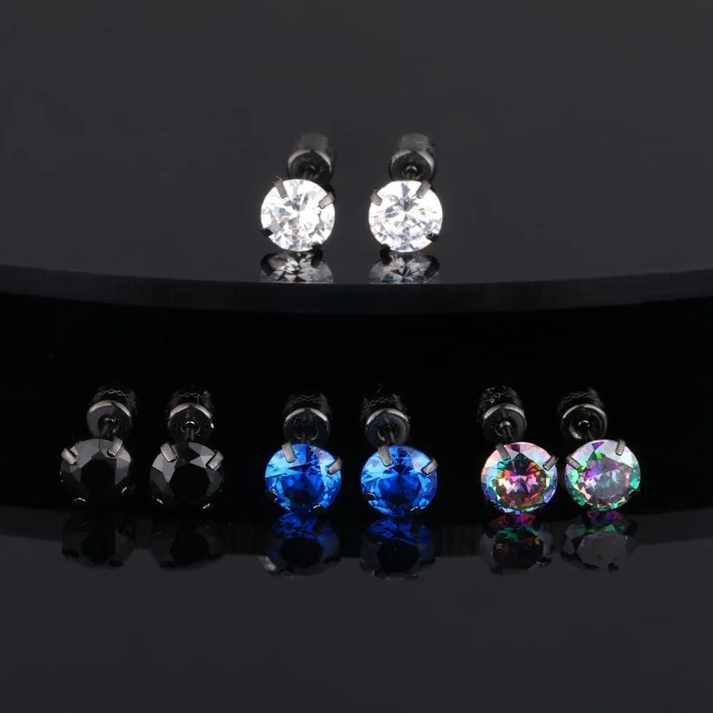 Hopply 4 Pairs Titanium Screw Back Surgical Stainless Steel Earrings for Women Men,Rainbow 5A Cubic Zirconia Studs Double Side Earrings Piercing Sleeper Jewelry 6mm