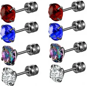 Hopply 4 Pairs Titanium Screw Back Surgical Stainless Steel Earrings for Women Men,Rainbow 5A Cubic Zirconia Studs Double Side Earrings Piercing Sleeper Jewelry 6mm