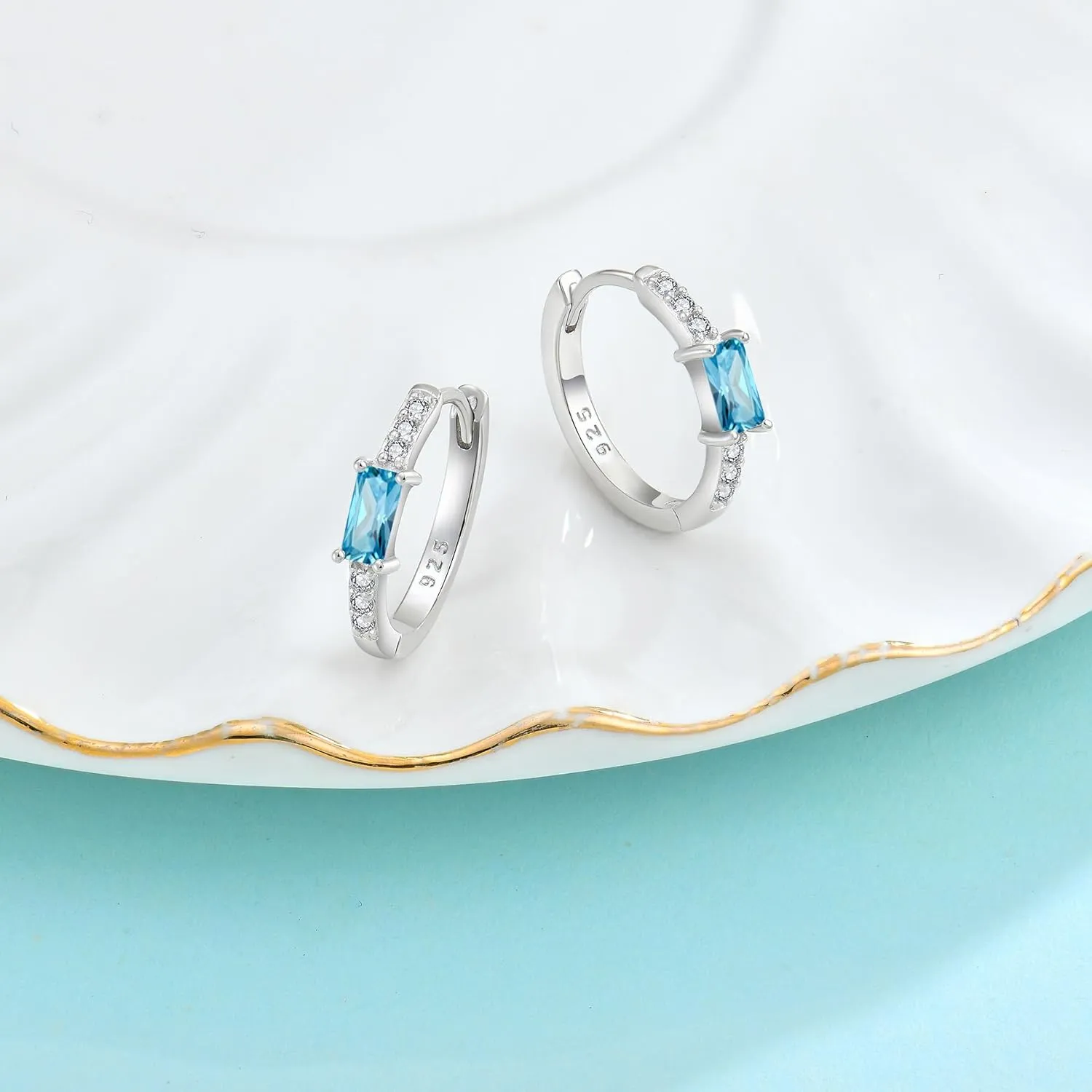 Huggie Hoop Earrings for Women 925 Sterling Silver Baguette Hoop Earrings Birthstone Jewelry Gifts for Her