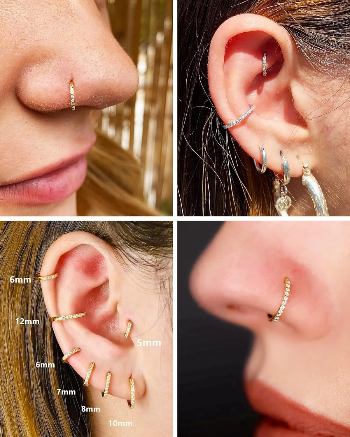 Hypoallergenic 14K Gold Plated Nose Rings Hoops - 18G Surgical Steel Cartilage Earrings Septum Jewelry Hinged Segment Ring CZ Paved Lip Rook Helix Lobe Body Piercing 8MM