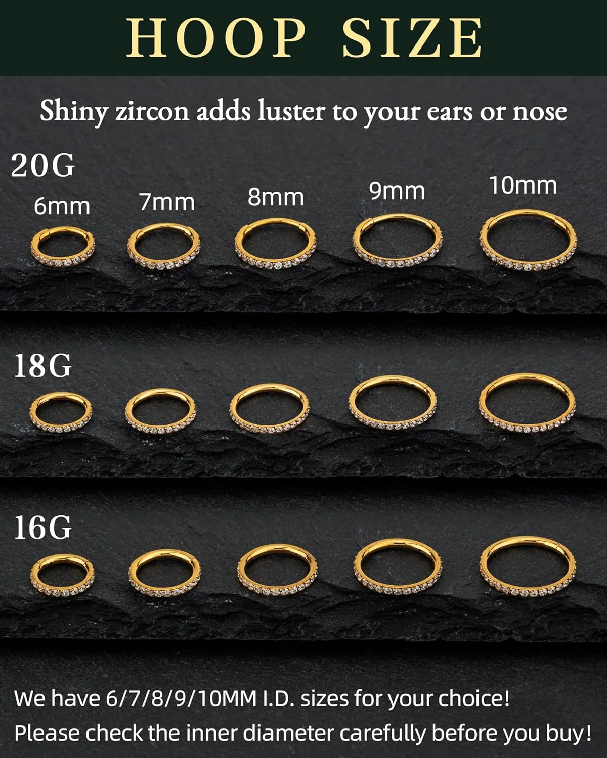 Hypoallergenic 14K Gold Plated Nose Rings Hoops - 18G Surgical Steel Cartilage Earrings Septum Jewelry Hinged Segment Ring CZ Paved Lip Rook Helix Lobe Body Piercing 8MM