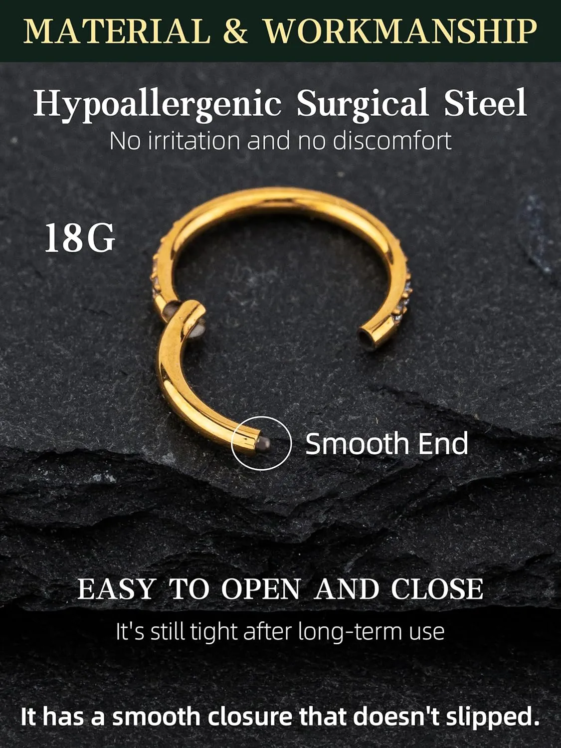 Hypoallergenic 14K Gold Plated Nose Rings Hoops - 18G Surgical Steel Cartilage Earrings Septum Jewelry Hinged Segment Ring CZ Paved Lip Rook Helix Lobe Body Piercing 8MM