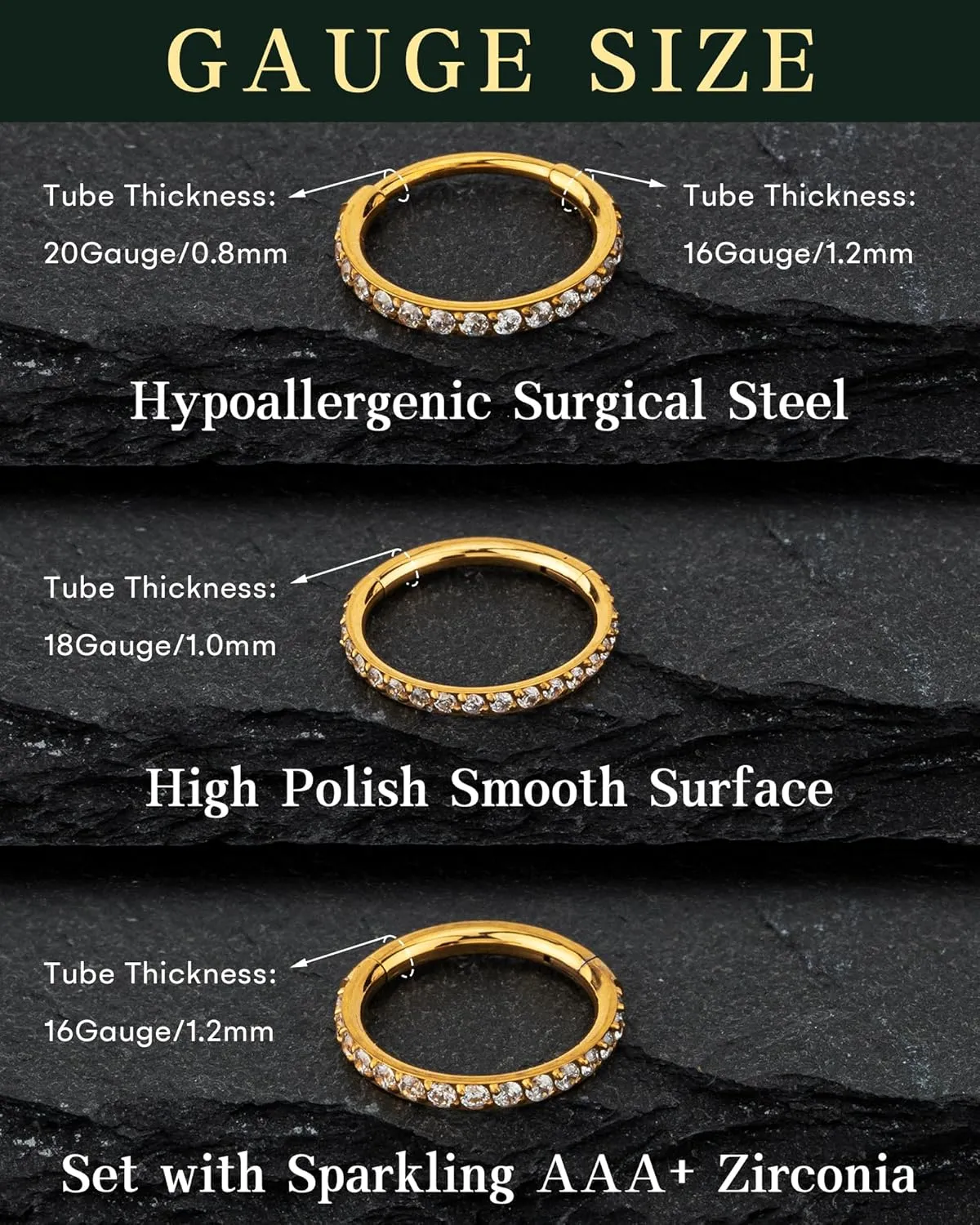 Hypoallergenic 14K Gold Plated Nose Rings Hoops - 18G Surgical Steel Cartilage Earrings Septum Jewelry Hinged Segment Ring CZ Paved Lip Rook Helix Lobe Body Piercing 8MM