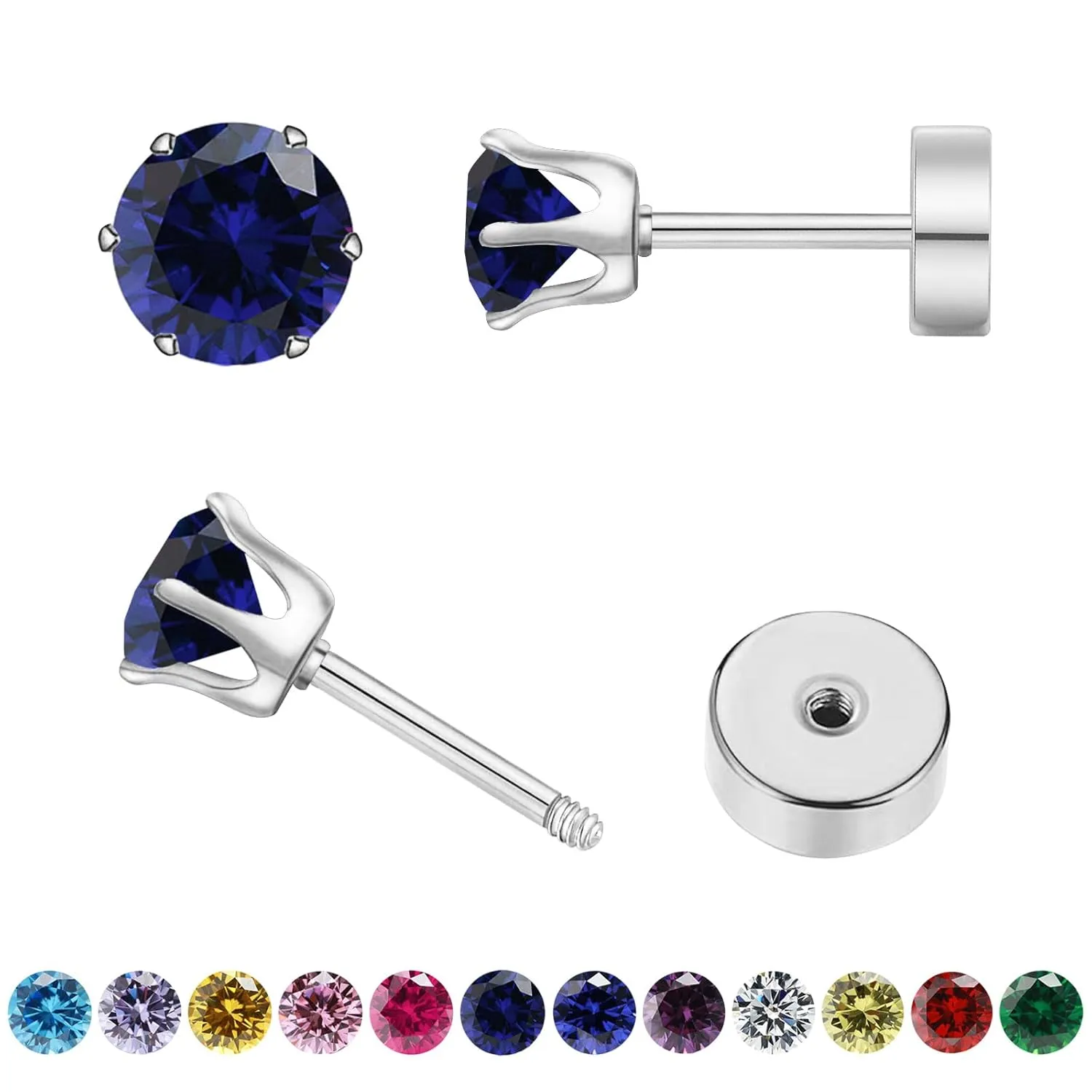 Hypoallergenic Birthstone Stud Earrings for Women Brilliant Cut Round Cubic Zirconia Flat Back Earrings Surgical Steel Cartilage Earrings for Sensitive Ears (Silver, Sep Sapphire)