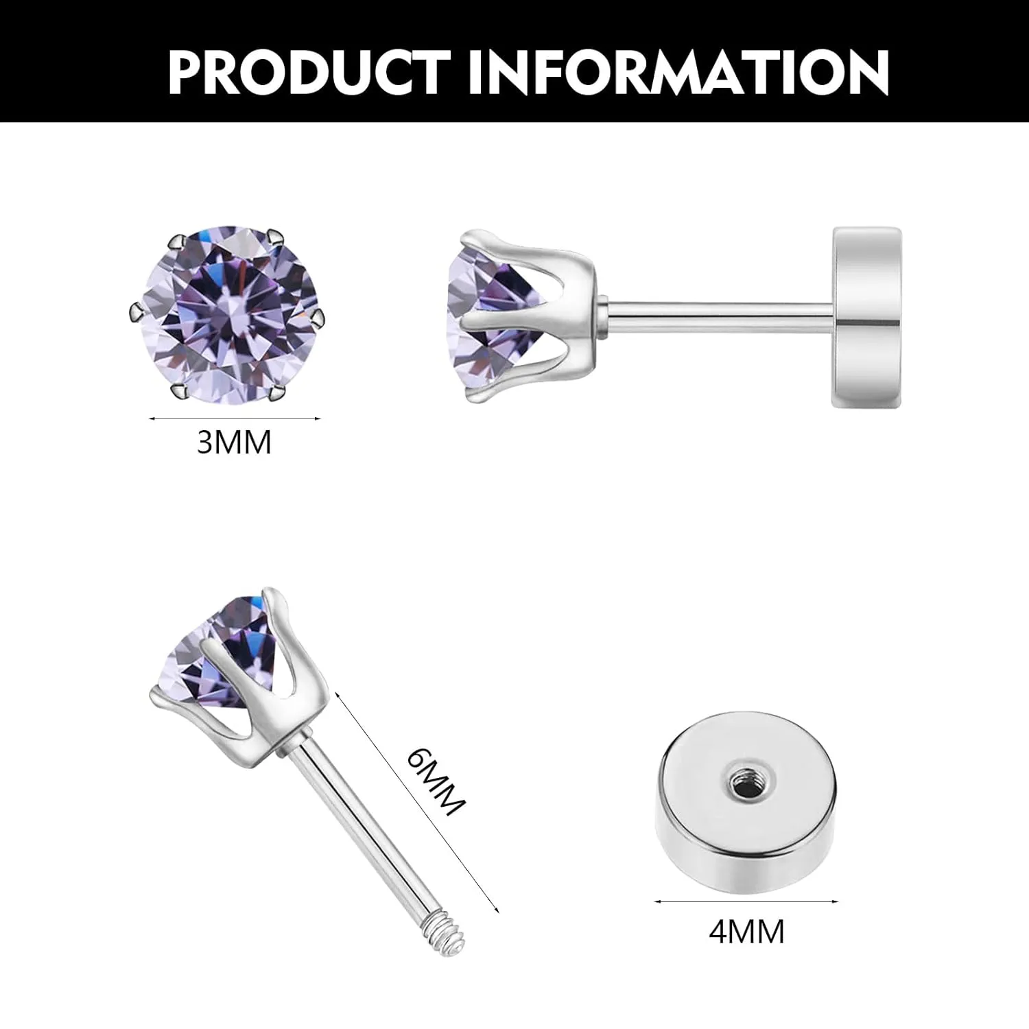 Hypoallergenic Birthstone Stud Earrings for Women Brilliant Cut Round Cubic Zirconia Flat Back Earrings Surgical Steel Cartilage Earrings for Sensitive Ears (Silver, Sep Sapphire)
