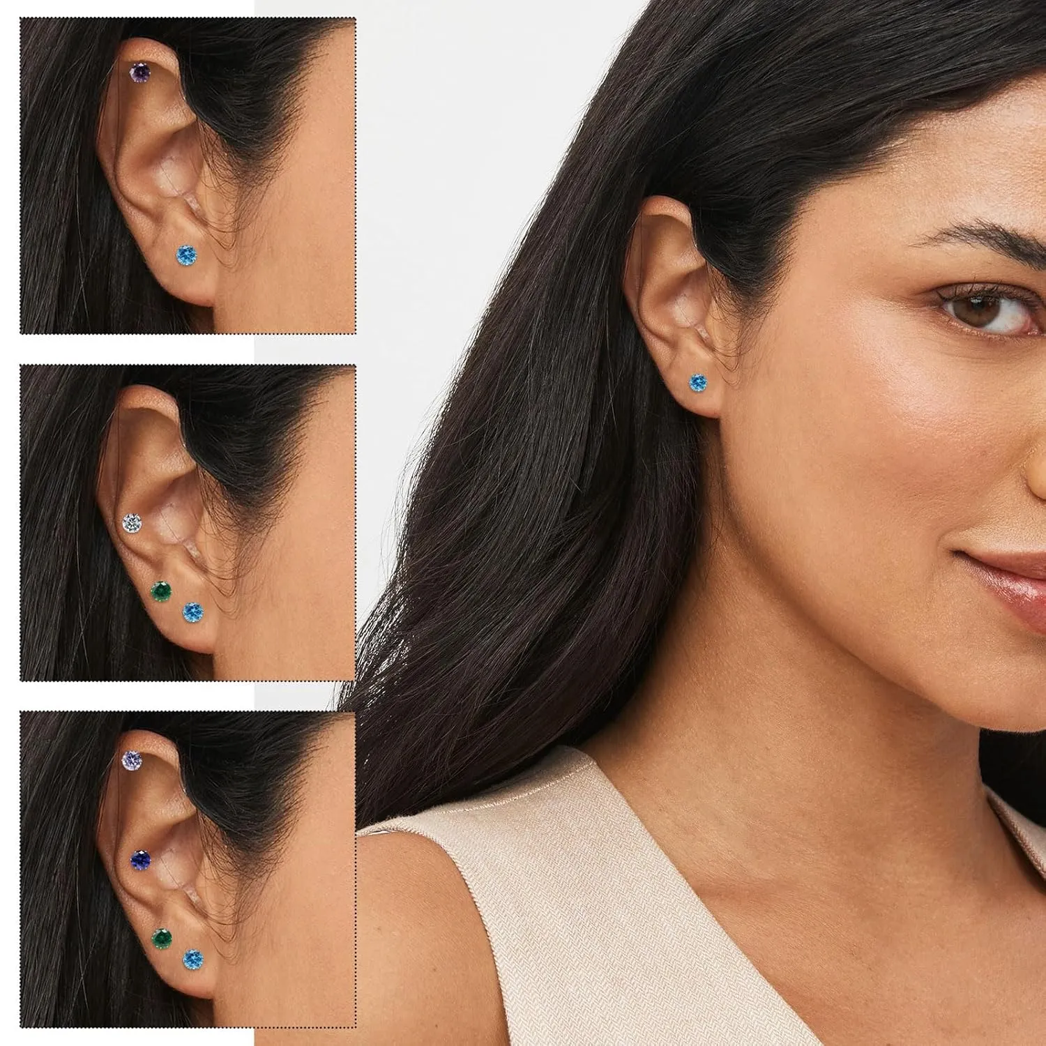 Hypoallergenic Birthstone Stud Earrings for Women Brilliant Cut Round Cubic Zirconia Flat Back Earrings Surgical Steel Cartilage Earrings for Sensitive Ears (Silver, Sep Sapphire)