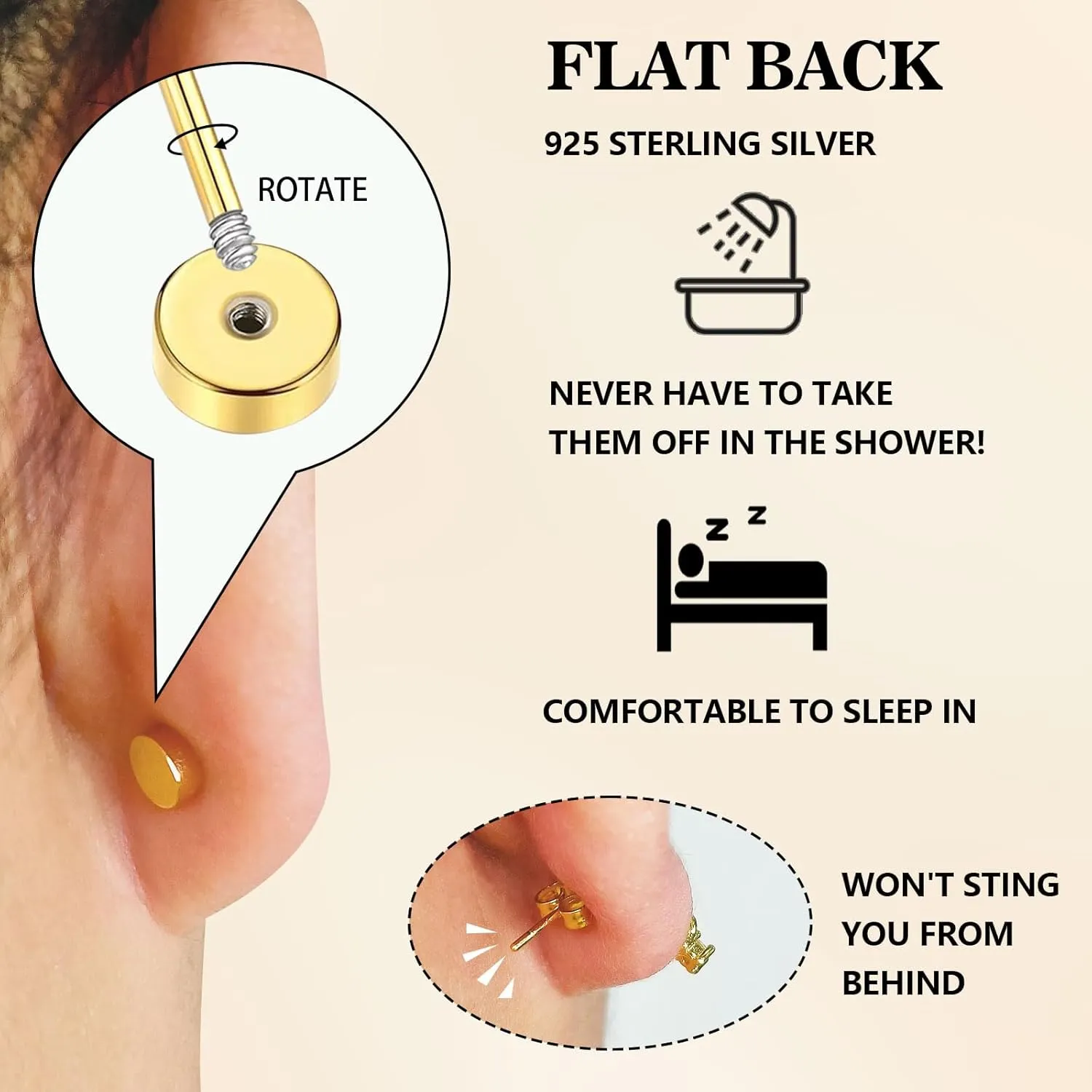 Hypoallergenic Birthstone Stud Earrings for Women Brilliant Cut Round Cubic Zirconia Flat Back Earrings Surgical Steel Cartilage Earrings for Sensitive Ears (Silver, Sep Sapphire)