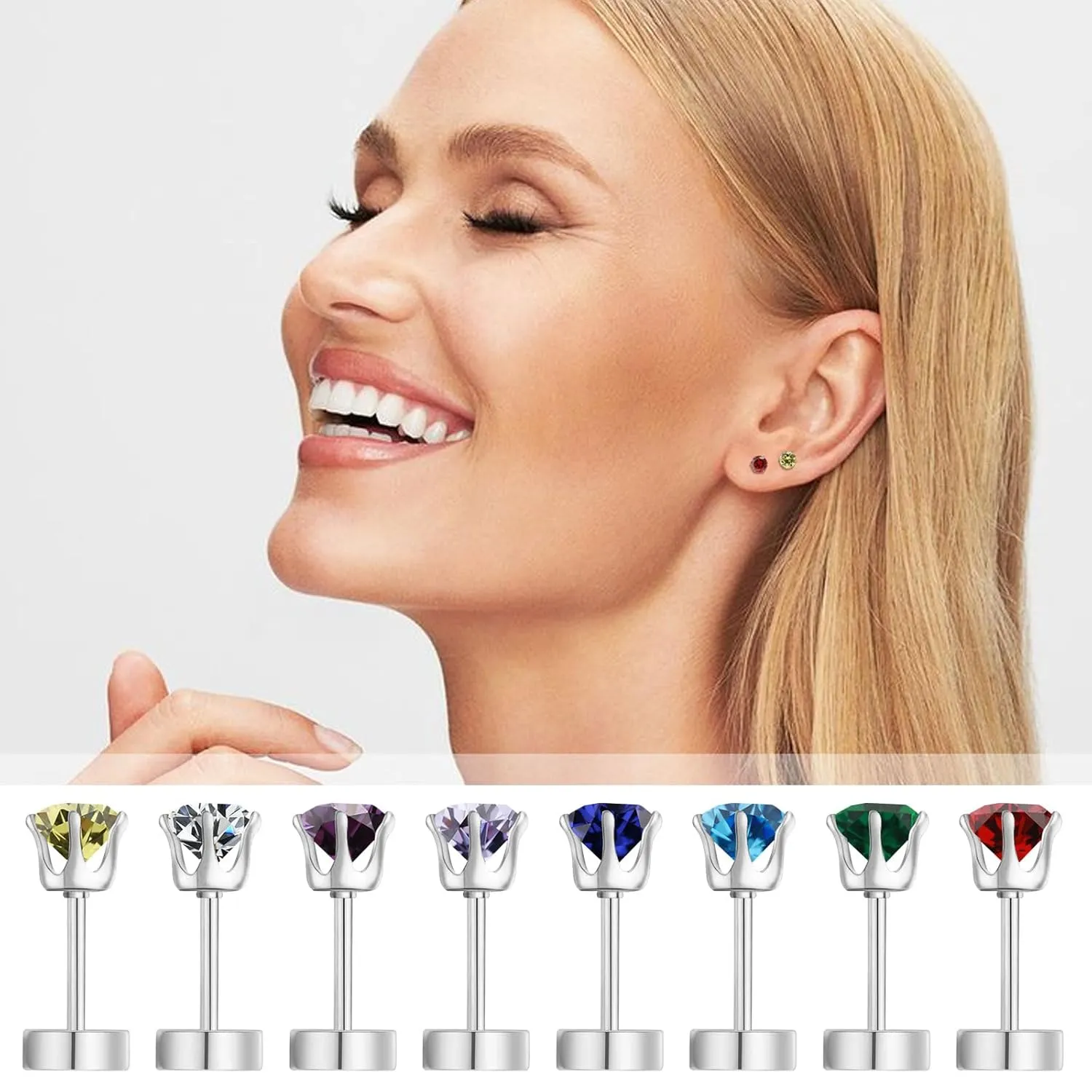 Hypoallergenic Birthstone Stud Earrings for Women Brilliant Cut Round Cubic Zirconia Flat Back Earrings Surgical Steel Cartilage Earrings for Sensitive Ears (Silver, Sep Sapphire)