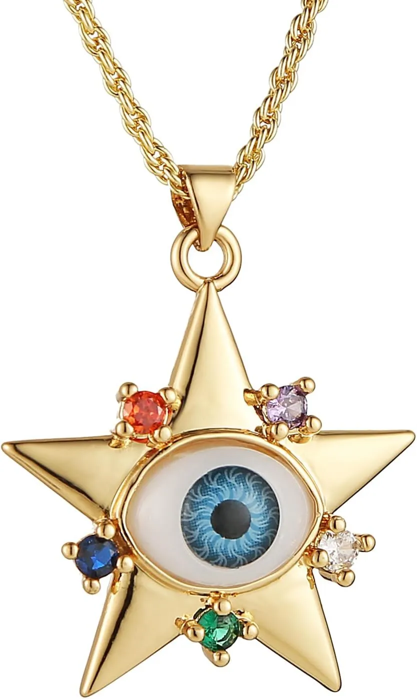 HZMAN Evil Eye Necklace for Women 18K Gold Plated Pentagram Necklace Pendant Good Luck Amulet Jewelry Gift