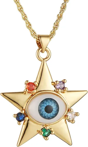 HZMAN Evil Eye Necklace for Women 18K Gold Plated Pentagram Necklace Pendant Good Luck Amulet Jewelry Gift