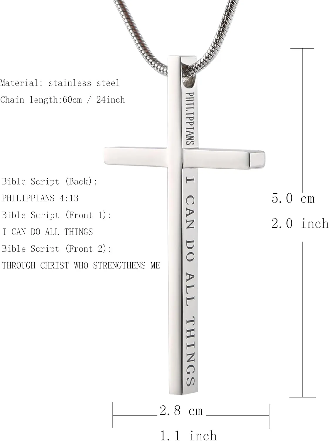 HZMAN Philippians 4:13 Cross Pendant STRENGTH Bible Verse Stainless Steel Necklace