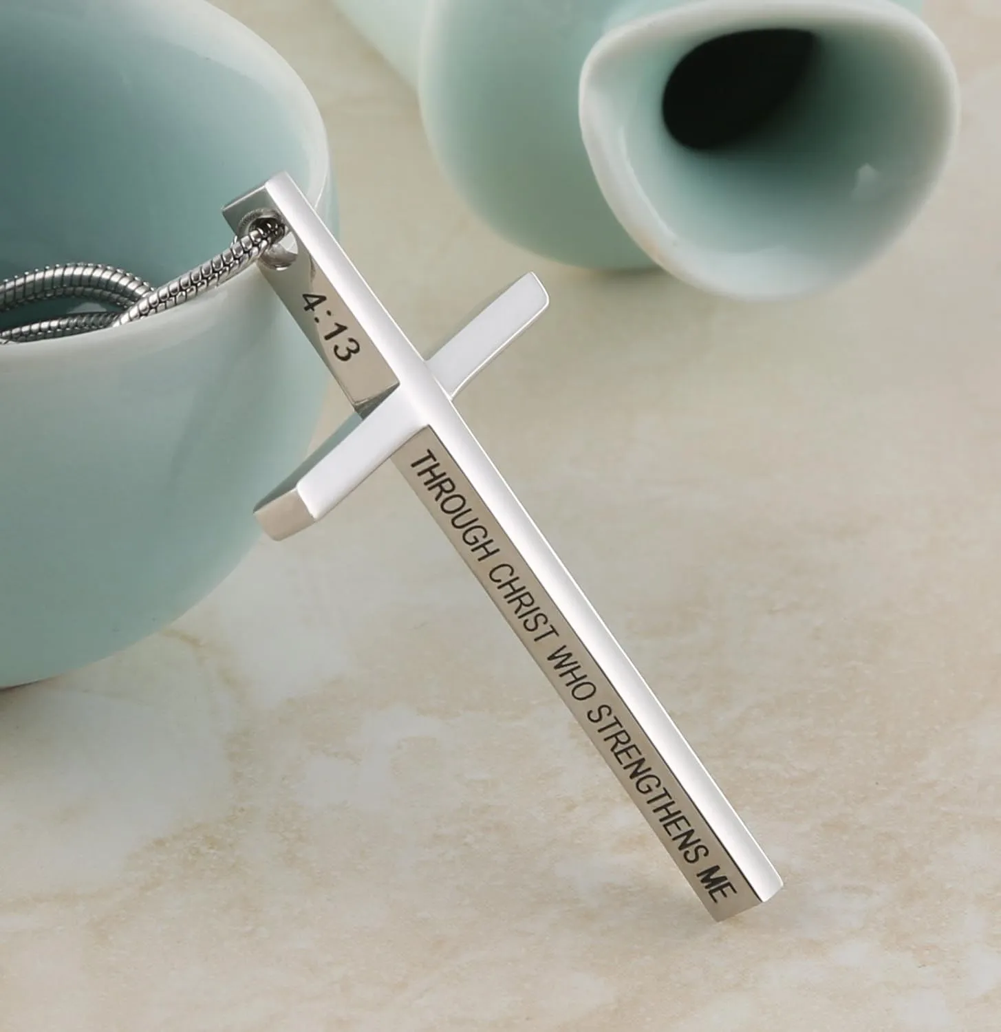 HZMAN Philippians 4:13 Cross Pendant STRENGTH Bible Verse Stainless Steel Necklace