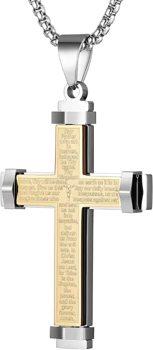 HZMAN Stainless Steel Men's Large Cross Necklace Lord's Prayer Pendant