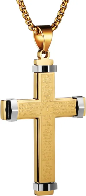 HZMAN Stainless Steel Men's Large Cross Necklace Lord's Prayer Pendant