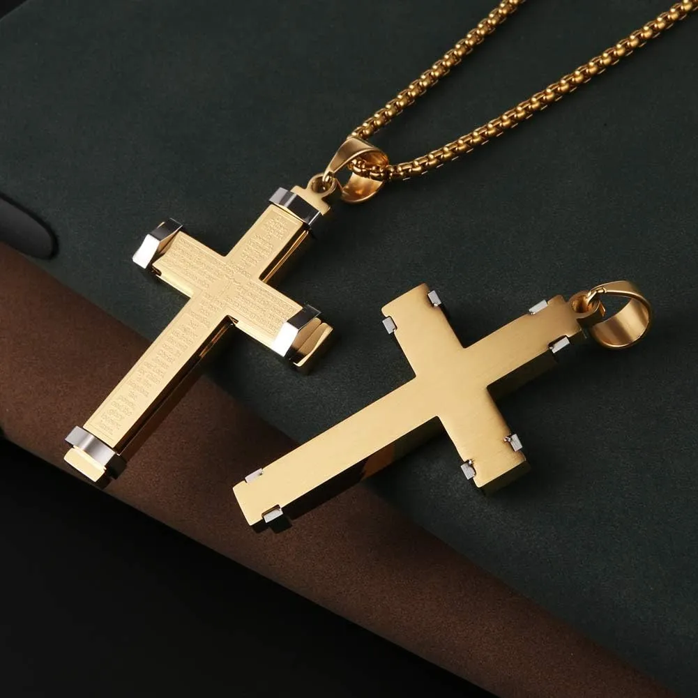 HZMAN Stainless Steel Men's Large Cross Necklace Lord's Prayer Pendant