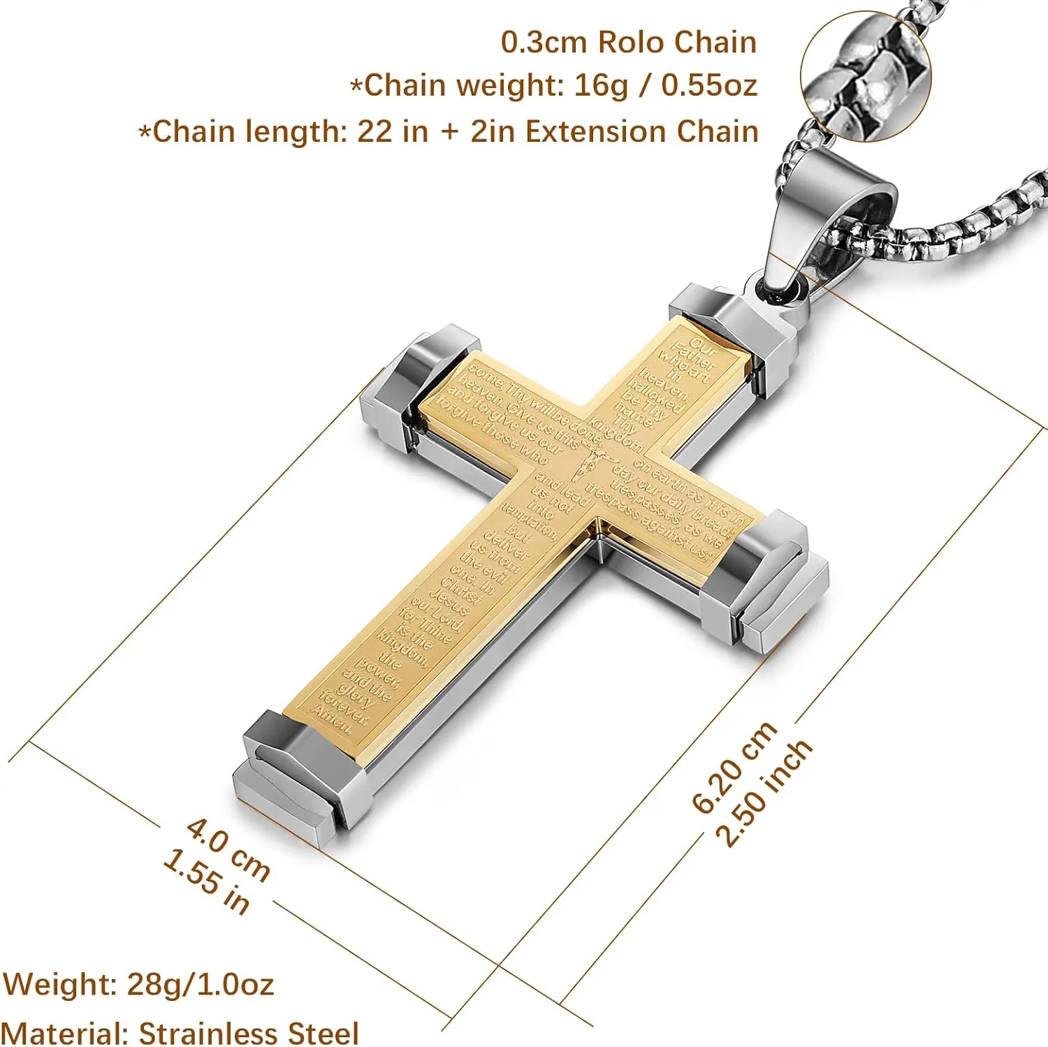 HZMAN Stainless Steel Men's Large Cross Necklace Lord's Prayer Pendant