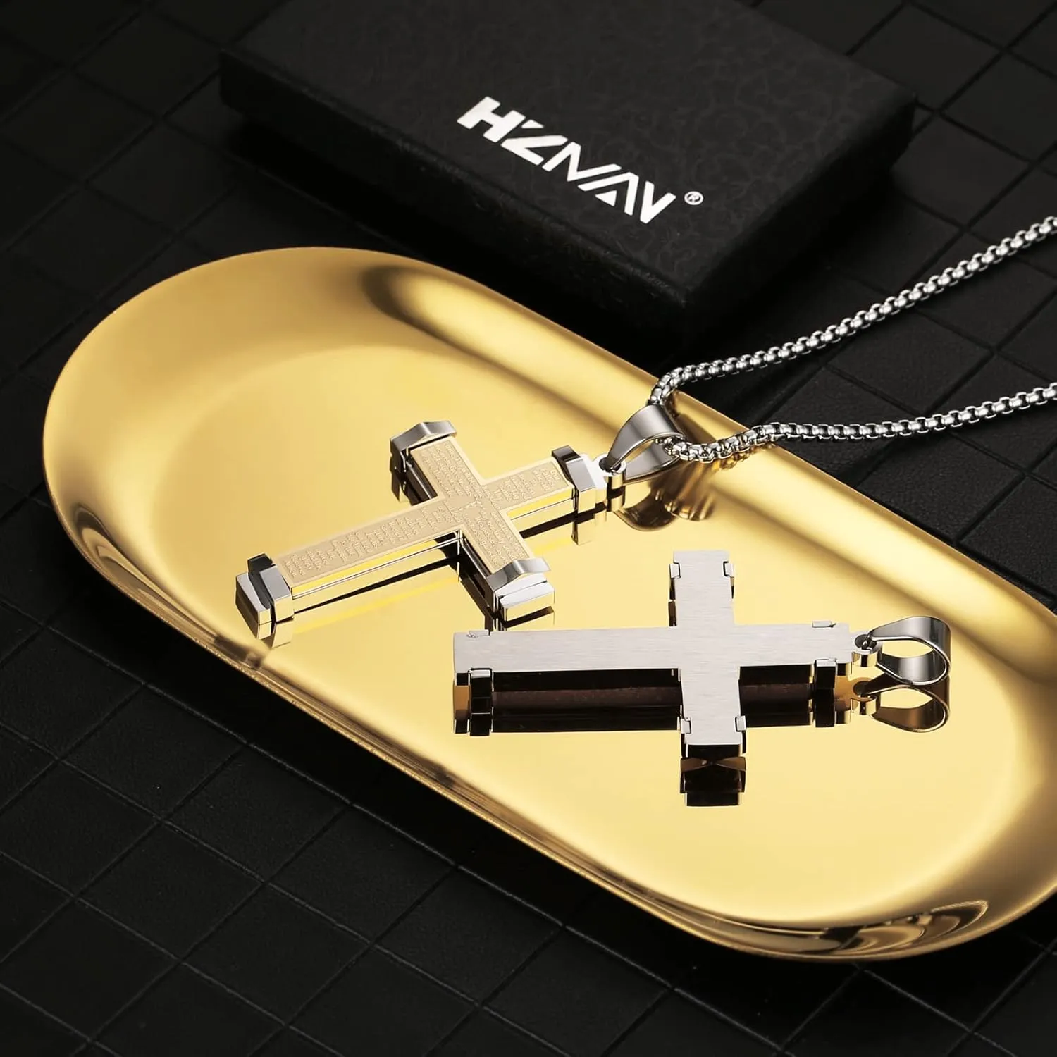 HZMAN Stainless Steel Men's Large Cross Necklace Lord's Prayer Pendant