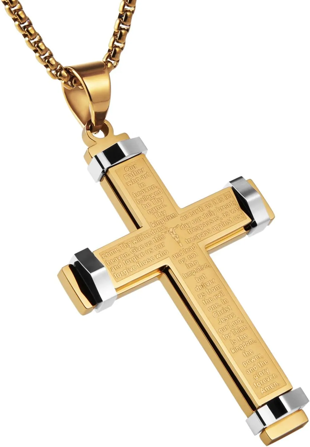 HZMAN Stainless Steel Men's Large Cross Necklace Lord's Prayer Pendant