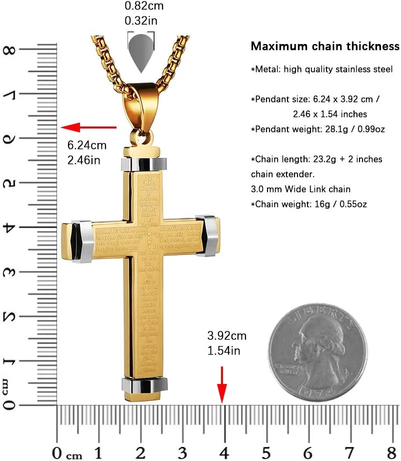 HZMAN Stainless Steel Men's Large Cross Necklace Lord's Prayer Pendant