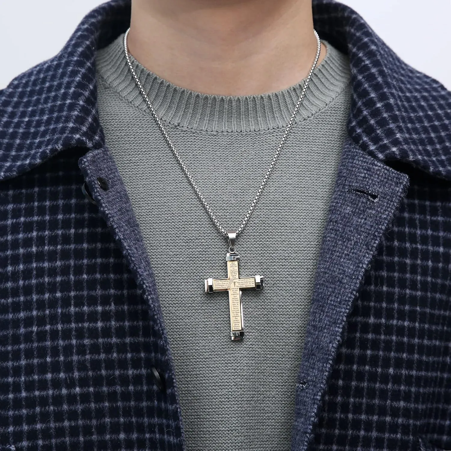 HZMAN Stainless Steel Men's Large Cross Necklace Lord's Prayer Pendant