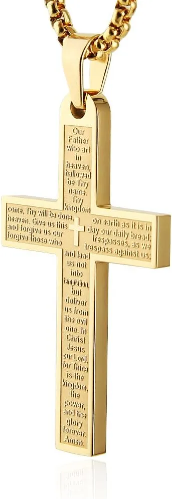 HZMAN Stainless Steel Mens Womens Cross Necklace Lord's Prayer Pendant, 4 Colors Available