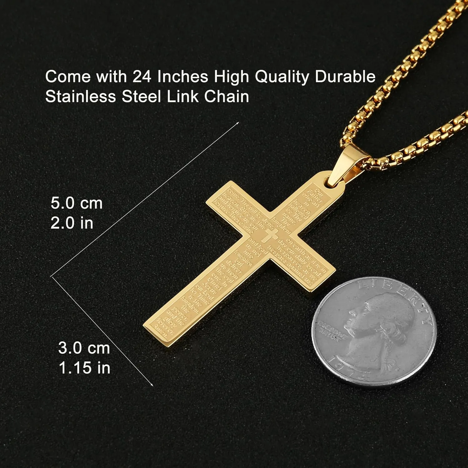 HZMAN Stainless Steel Mens Womens Cross Necklace Lord's Prayer Pendant, 4 Colors Available