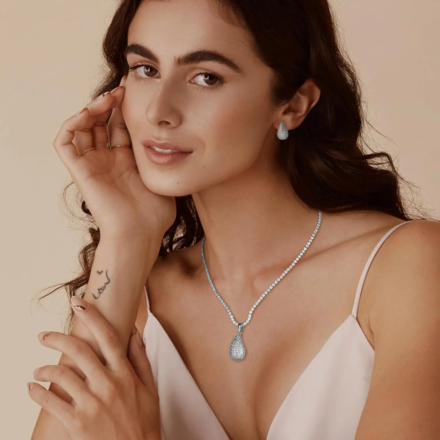 HZMAN Teardrop Earrings Necklace Jewelry Set for Women Bride Dainty 18K Gold White Plated Cubic Zirconia Stud Tearsdrop Earring Wedding Party Jewelry Gift