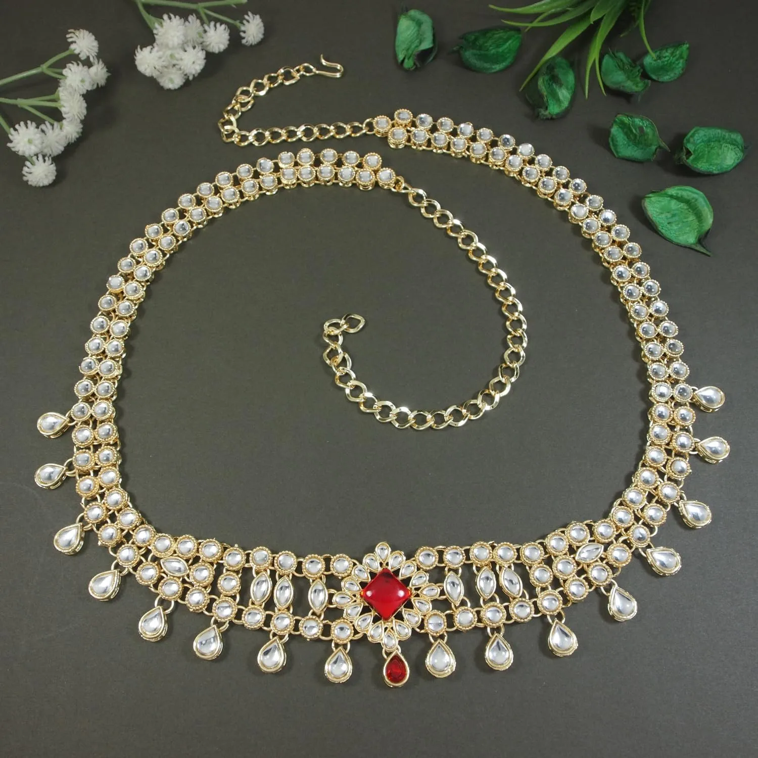 I Jewels Gold Plated Indian Wedding Bollywood Kundan Studded Kamarband/Belly Chain for Women (B027-28)